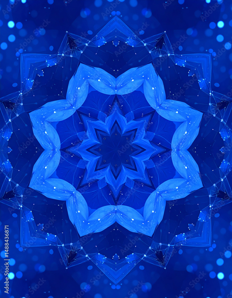 Poster a vibrant blue kaleidoscopic design featuring geometric patterns and shimmering lights, creating a v