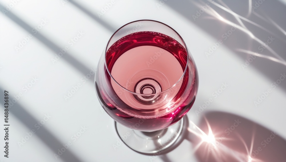 Poster a top view of a glass of pink red wine on a white background with sparkling shadows. concept of orga
