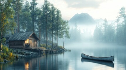 Fototapeta premium Wooden cabin by misty lake, serene mountain backdrop