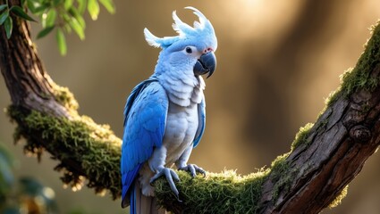 Cockatoo with Exotic Blue Feathers Sitting on a Branch