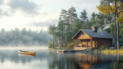Fototapeta premium Wooden cabin by a misty lake