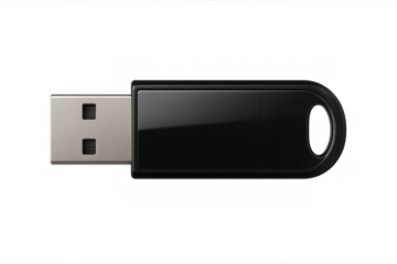 Shiny black usb flash drive isolated on transparent background, ready for data storage and transfer