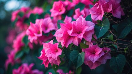 Vivid pink bougainvillea flowers blooming close-up, showcasing their floral design and tropical beauty against a blurred outdoor backdrop