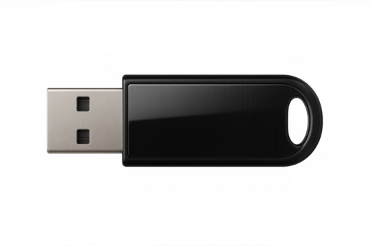 Shiny black usb flash drive isolated on transparent background, ready for data storage and transfer