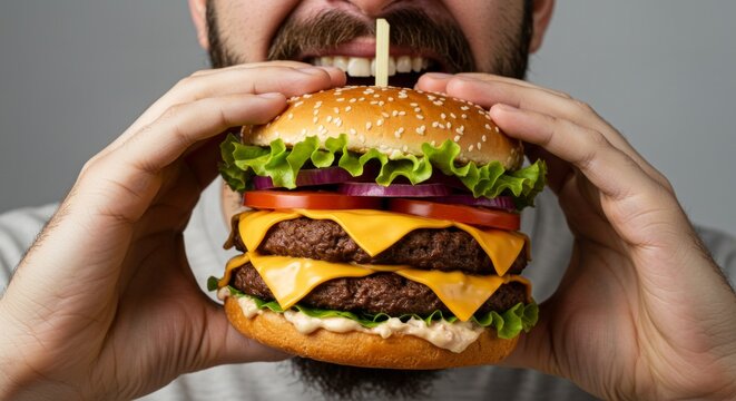 A man is about to devour a large double cheeseburger with enthusiasm