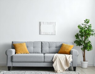 Modern living room interior with grey sofa, mustard pillows, white blanket, and a plant.  Perfect for home decor, interior design, and real estate websites.