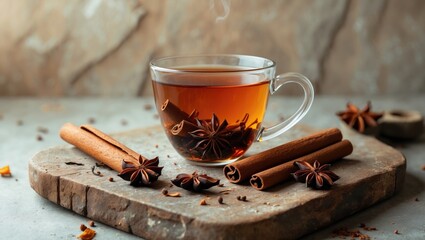 Cup of warm tea infused with cinnamon