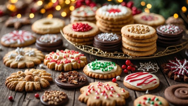 Cookies for Holiday Festivities; Culinary Treats. Assorted Delicacies. Top Perspective with Blank Space
