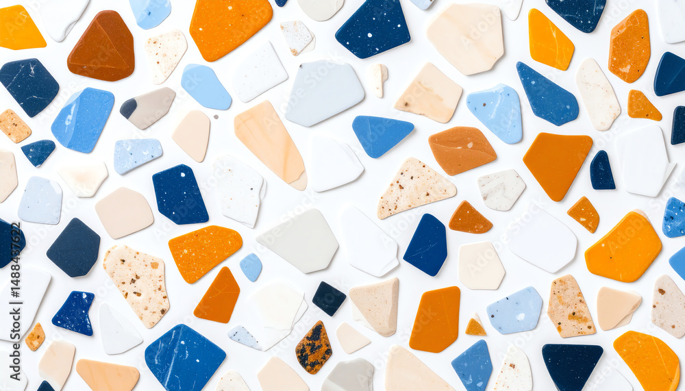Poster colorful fragments of ceramic tiles arranged neatly, showcasing a variety of shapes and hues, creati