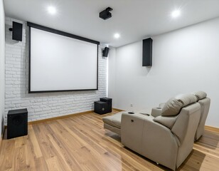 Modern home theater room with beige recliner, projector, screen, and white brick wall.