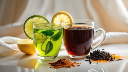 Traditional beverage lime tea, featuring black tea and lemon spices. Two glasses of herbal or organic ayurvedic green tea, great for enhancing immunity during winter.