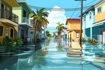 Fototapeta premium Vibrant flooded street scene with colorful houses and palm trees under a bright sky
