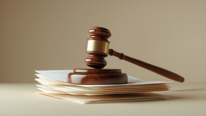 Documents on the desk, wooden gavel, court records