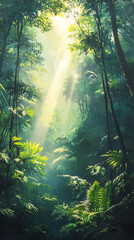 Obraz premium Sunlit Rainforest Vibrant Green Foliage and Lush Canopy