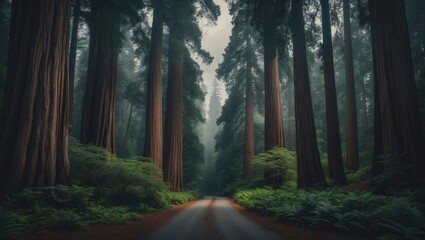 Obraz premium A walkway navigating the scenic landscape of California redwoods