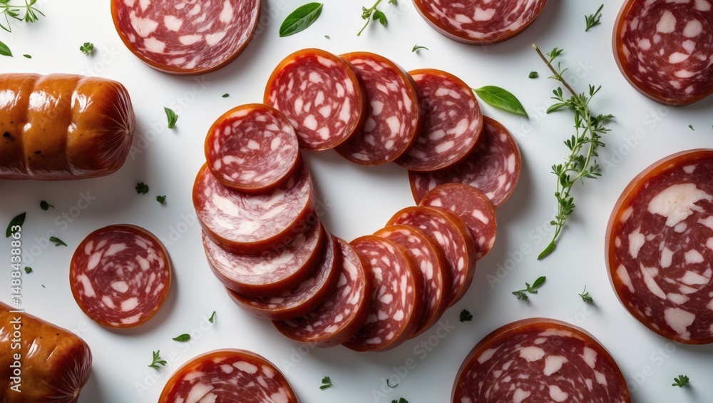 Poster smoked sausage salami slices displayed on white background with space for text - flat lay top view