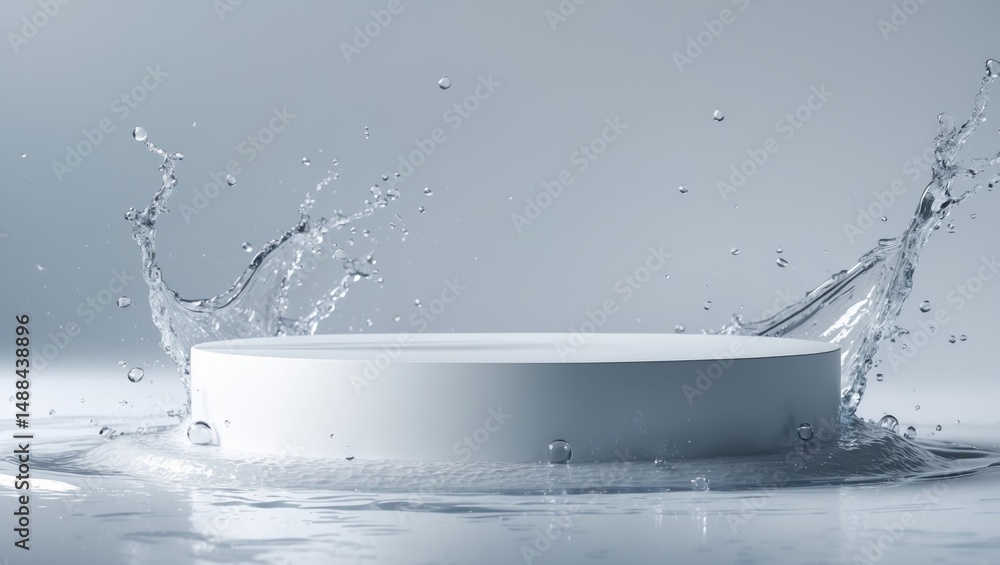 Poster a circular platform featuring a white backdrop and water splashes. template for showcasing a product