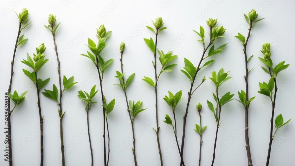 Poster budding tree branches in spring displayed on a white backdrop