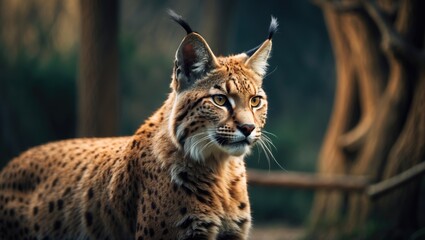 Fototapeta premium Eurasian lynx portrait in an enclosure with a blurred backdrop