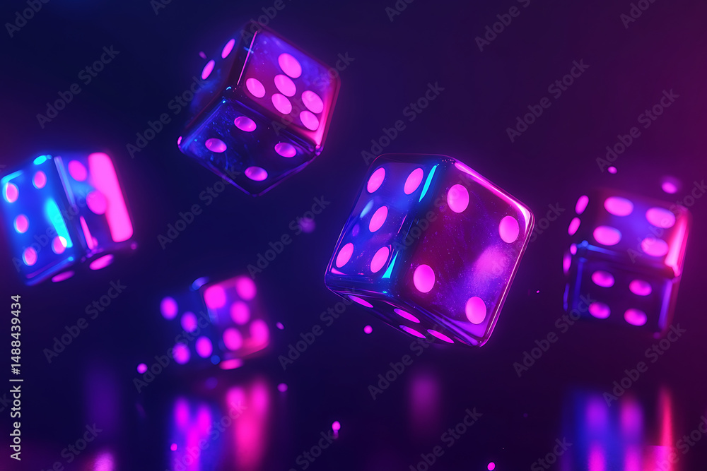 Poster vibrant glowing dice floating in a colorful abstract background with reflections