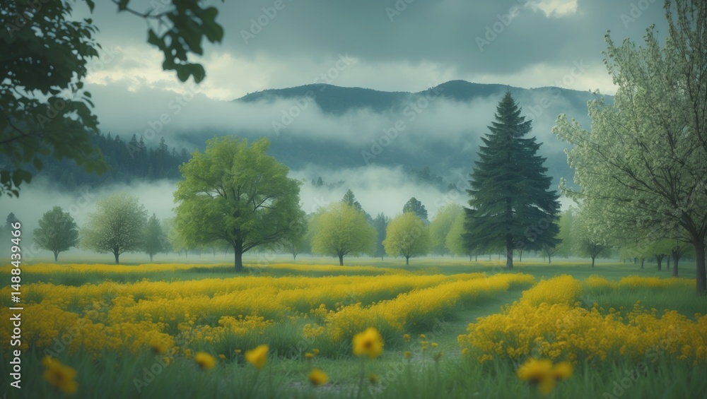 Poster stunning landscape of a mustard field with pine and apple trees in the background