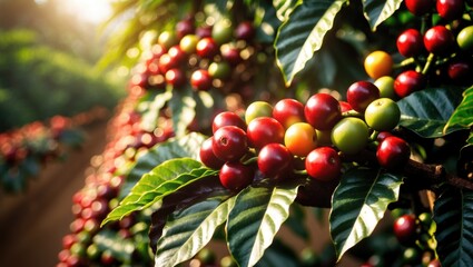 Coffee cherries or coffee beans on a tree illuminated by sunlight.