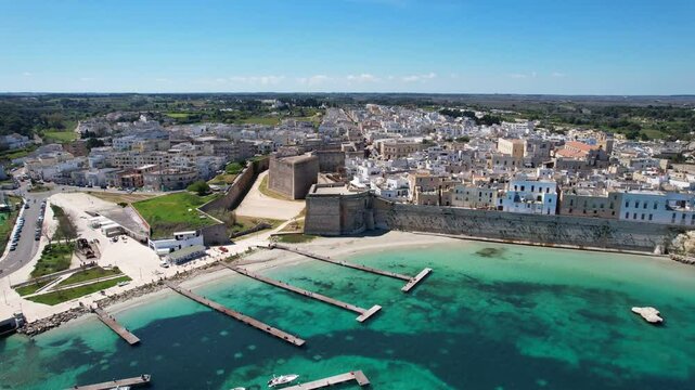 Otranto - Italy, Apulia - side view of the old town with fortifications and a view of the harbor bay