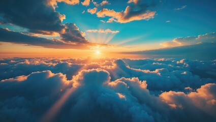 Sunlight in sky blue and orange hues penetrating clouds