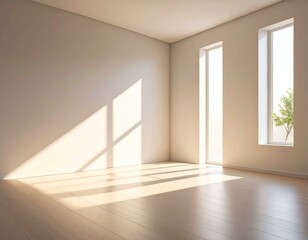 Sunlit empty room with hardwood floor and large windows. Perfect for interior design, real estate, and home staging.