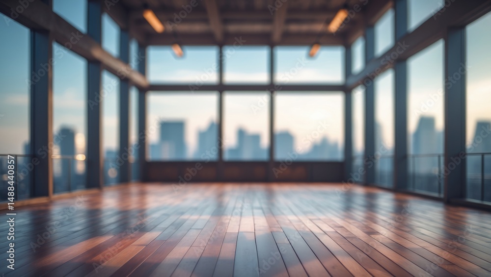 Poster soft-focused background of a stylish modern loft featuring large windows and impressive views, perfe