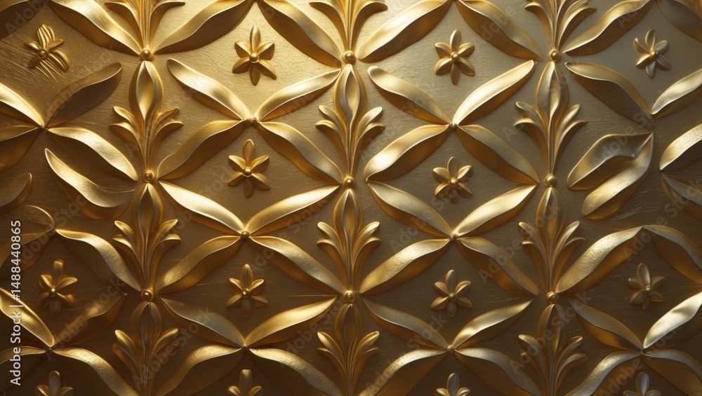 Aufkleber floral design engraved in gold. petal-like flower patterns. perspective view of a wall with carvings
