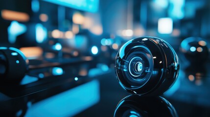 Fototapeta premium Close up of VR headset lenses on tech desk, with blurred background.