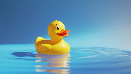 Yellow rubber duck alone on a blue background. Blank space