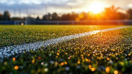 close up view of wet soccer turf with reflective droplets glistening in early morning light, creating serene atmosphere.