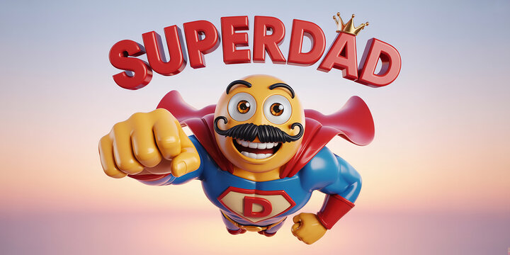 Superdad with mustache cape crown flying superhero 3D text design for father's day celebration