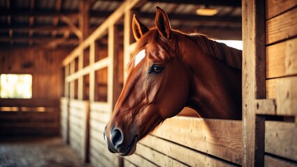 A close-up photograph of a horse in a stall within the stable.