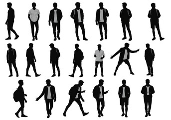 Silhouettes of Young Men Posing in Various Styles Standing Walking Gesturing Each Silhouette Is A Monochrome Illustration of Man