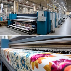 Modern Industrial Fabric Printing Machine in Action with Vibrant Floral Designs and Advanced Technology in a Well-lit Textile Manufacturing Facility