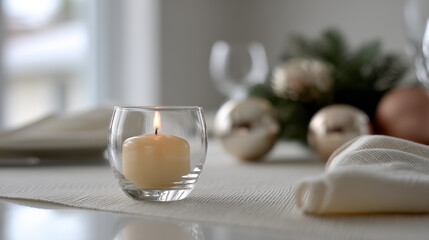 solitary candle flickering softly on beautifully set christmas table surrounded by festive decorations and warm