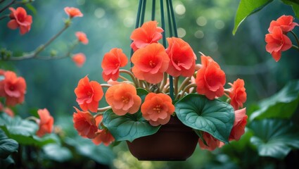 Obraz premium Close-up view of flowering tuberous begonia with bright red blossoms in a garden