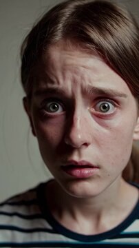 Jeune fille inqui&egrave;te en gros plan, expression de peur ou de choc

