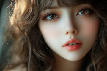 Fototapeta premium Close-up of a young woman with captivating facial features and soft makeup, highlighting her expressive eyes and luscious hair in a serene setting