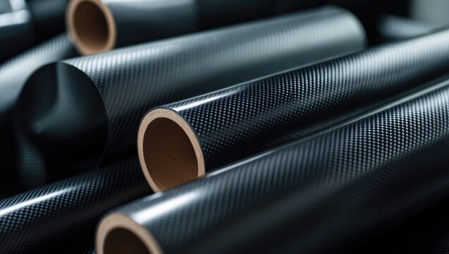 Background featuring black carbon fiber composite material in rolls