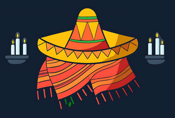 Mexico. Vector cute abstract illustration of Mexican nature, Woman in sombrero hat, cactus for Cinco de Mayo holiday greeting card, banner or background