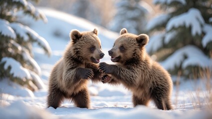 Obraz premium Two charming bear cubs having fun in the snow.
