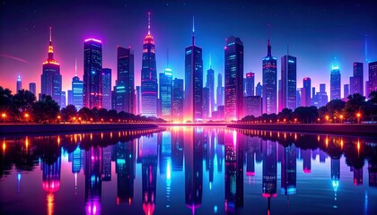 Neon cityscape reflected in calm water at night. Vibrant pink, purple, and blue lights illuminate modern skyscrapers.