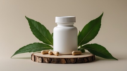 minimalist medical bottle template with herbal vitamins and plant motifs for health care