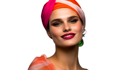 Smiling Female Portrait With Head Wrap, Lips, Eye Makeup, cut out transparent