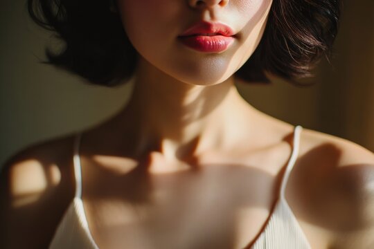 Close-up view of a woman&rsquo;s lips and collarbone in soft natural light in an Asian interior setting