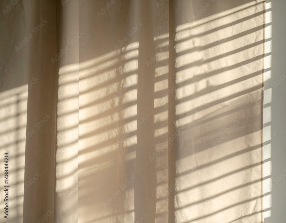 Poster abstract image of sunlight filtering through blinds onto beige curtains, creating a textured pattern